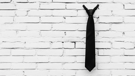 A striking black tie is elegantly displayed against a textured white brick wall. This minimalistic composition highlights simplicity and sophistication, making it ideal for themes related to fashion, decor, or style.の素材
