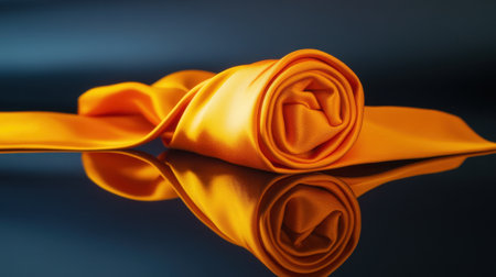 This image showcases a beautifully rolled orange satin fabric resting on a glossy surface, reflecting its vibrant hue. Soft lighting enhances the texture and elegance.の素材