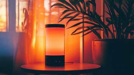 A serene interior setting showcasing a modern lamp radiating soft, warm light beside a lush green plant, creating a comforting atmosphere during sunset.の素材