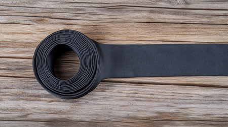 This image features a rolled black elastic band resting on a rustic wooden surface, ideal for showcasing crafting, sewing, and DIY projects.の素材