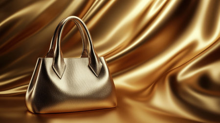 This stunning image features an elegant gold handbag placed on soft, luxurious golden fabric, emphasizing fashion, style, and sophistication in accessories.の素材
