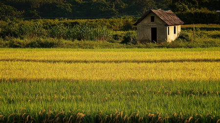 A peaceful rural landscape featuring lush golden rice fields and an abandoned cottage, showcasing the beauty of nature and agriculture under soft sunlight.の素材