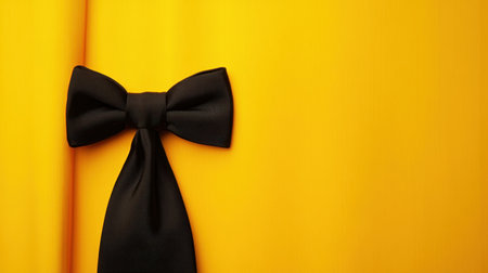 A stylish black bow tie rests on a vibrant yellow fabric, creating a stunning visual contrast perfect for fashion displays or celebratory occasions.の素材