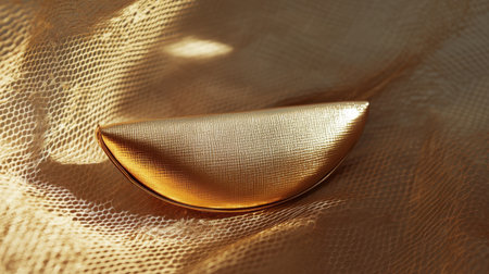 This image features an elegant golden crescent-shaped object beautifully displayed on a textured golden fabric background, capturing modern artistry and luxury.の素材