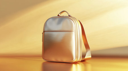 This image features a luxurious golden backpack, showcasing a soft texture against a warm abstract background, perfect for fashion and lifestyle representation.の素材