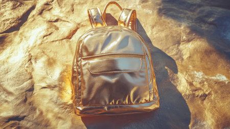 Beautiful metallic backpack displayed on a textured surface with warm lighting, perfect for fashion photography and lifestyle projects showcasing style and elegance.の素材