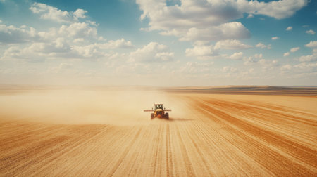 A captivating aerial view of a tractor working diligently on a dusty farm field under a bright sun, with a backdrop of blue sky and fluffy clouds.の素材