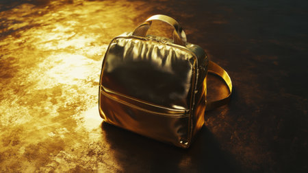 This stylish golden backpack sits on a reflective surface, showcasing its sleek design and luxurious appearance. Ideal for fashion enthusiasts, this piece enhances any outfit.の素材
