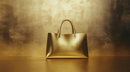 A stunning gold shopping bag displayed against a sleek golden background, ideal for luxury fashion promotions and high-end retail marketing materials.の素材