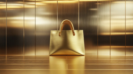 This striking image features a luxurious gold handbag against a shiny golden background, capturing the essence of elegance and high-end fashion. Perfect for lifestyle and retail presentations.の素材