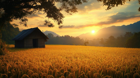 A serene sunset illuminates a golden rice field, showcasing a traditional wooden house against majestic mountains. The scene embodies rural tranquility and natural beauty.の素材