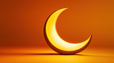 This image features a crescent moon-shaped lamp radiating a soft orange glow against a warm background, creating a tranquil and cozy atmosphere ideal for home decor.の素材