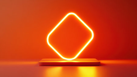 A modern neon light in a diamond shape radiates a warm orange glow against a minimalist background, creating an artistic and vibrant atmosphere.の素材