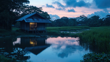 A tranquil rustic house sits by a reflective waterbody at dusk, surrounded by lush greenery and a colorful sky, evoking peace and serenity.の素材