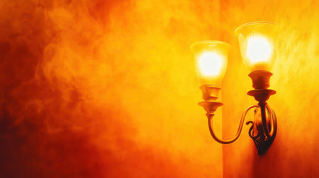 This elegant wall sconce features two glowing bulbs that create a warm and inviting atmosphere, enhanced by a soft smoke background, perfect for any space.の素材