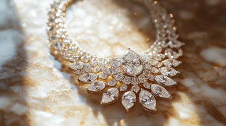 This stunning diamond necklace, with intricate detailing, lies elegantly on a luxurious marble surface, illuminated by soft natural light, showcasing its exquisite craftsmanship.の素材