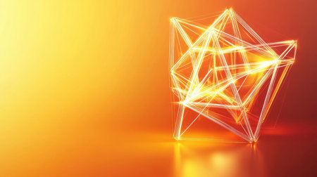 This image showcases an abstract geometric shape composed of glowing lines against a warm orange gradient background, perfect for contemporary design themes.の素材