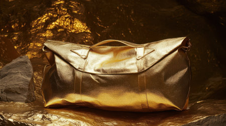 A luxurious shiny golden bag rests elegantly against a textured golden backdrop, creating a striking visual appeal perfect for fashion and style themes.の素材