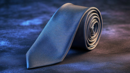 A close-up image of an elegant blue tie, artfully rolled, resting on a soft dark surface. This photo captures the subtle texture and sophistication ideal for formal fashion needs.の素材