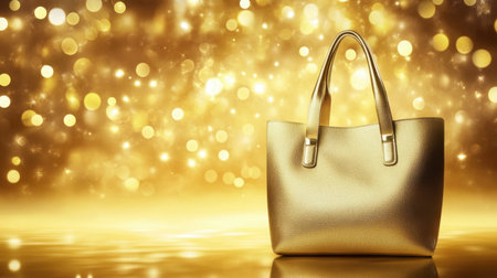 This exquisite gold handbag stands prominently against a shimmering golden backdrop filled with bokeh effects, perfect for showcasing elegance and luxury.の素材