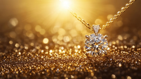 A stunning close-up of a sparkling diamond pendant necklace set against a golden glitter background, radiating elegance and luxury with beautiful light reflections.の素材