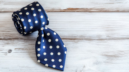 This elegant navy blue tie features white polka dots, creating a stylish accessory perfect for formal or business attire. The rustic wooden surface serves as a beautiful backdrop, enhancing the tieの素材