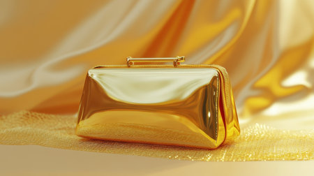 This image features a stunning gold clutch bag resting on a soft satin background, showcasing its shiny surface and elegant design, perfect for fashion enthusiasts.の素材