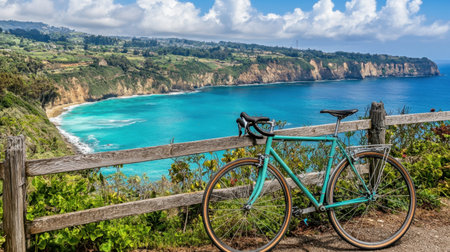 A picturesque coastal scene featuring a vibrant bicycle resting against a wooden fence, with stunning ocean views, cliffs, and a bright sky, perfect for outdoor enthusiasts.の素材
