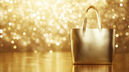This striking image features a stylish gold handbag set against a captivating bokeh background, perfect for luxury and fashion themes.の素材