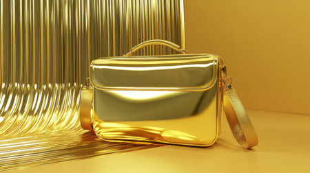 This stunning golden metallic laptop bag features a smooth and glossy finish, perfectly displayed against a luxurious gold background, ideal for trendy professionals.の素材