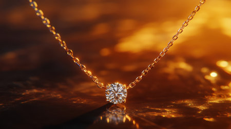 An elegant diamond pendant necklace featuring a sparkling stone on a delicate golden chain, beautifully illuminated against a warm background.の素材