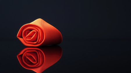 A visually striking image of a rolled vibrant orange fabric positioned on a dark surface, showcasing reflections that enhance the colors and textures of the material.の素材