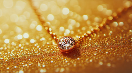 This breathtaking image features a gold necklace adorned with a sparkling diamond, set against a shimmering background, evoking luxury and elegance.の素材
