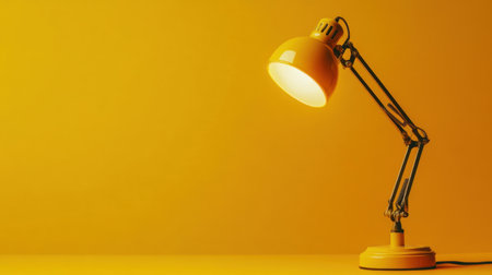 A vibrant yellow desk lamp casts a warm glow in a minimalist studio setting, highlighting modern design and functional beauty in a cozy workspace atmosphere.の素材