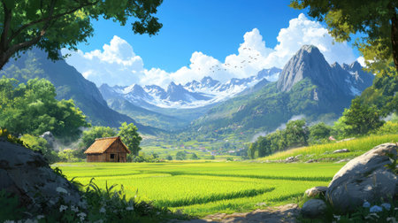 A breathtaking landscape showcases vibrant green fields surrounding a rustic wooden home with majestic mountains in the background and a clear blue sky.の素材