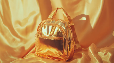 A fashionable golden backpack elegantly displayed on soft satin fabric creates a vibrant visual appeal, ideal for trendy accessory showcases and fashion photography.の素材
