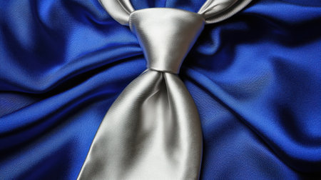 A stunning silver tie rests elegantly on rich blue fabric, showcasing its texture and shine. Perfect for formal occasions, this image encapsulates sophistication and stylishness in men's fashion accessories.の素材