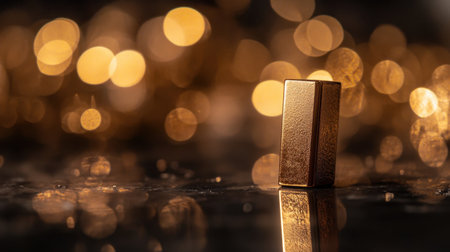 A close-up image of a stylish lighter set against a golden bokeh background, creating a warm and elegant atmosphere that enhances its shiny features.の素材