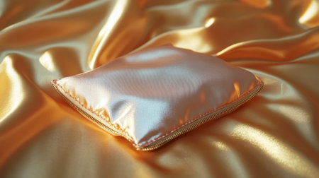 A beautifully crafted soft satin pillow resting on a smooth golden satin fabric creates a luxurious and cozy atmosphere perfect for home decor.の素材