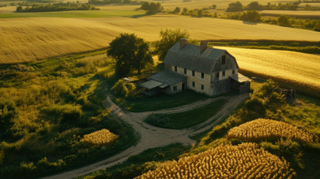 An aerial view of a charming barn nestled in expansive golden fields, surrounded by lush greenery, capturing the essence of serene rural life and agriculture.の素材