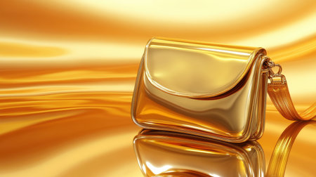 This stunning golden handbag shines against a vibrant background, showcasing elegance and luxury. Perfect for fashion advertisements and lifestyle concepts.の素材