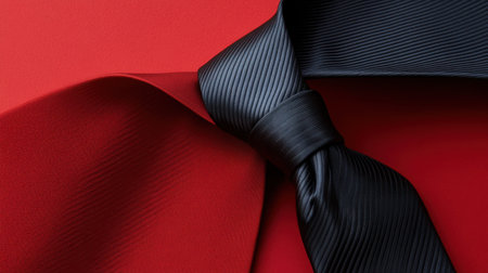 This image showcases an elegant black tie elegantly arranged against a vibrant red textile background, ideal for fashion projects and formal event themes.の素材