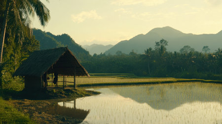 Experience the tranquility of a traditional hut beside a serene rice field, as golden sunlight reflects on the still water, framed by majestic mountains.の素材