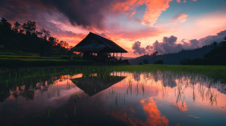 A breathtaking sunset casts vibrant colors over a tranquil rice field, reflecting a traditional house silhouette against a serene sky. Nature's beauty.の素材