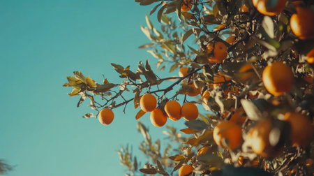 Lush orange orchard with bright, ripe oranges hanging from branches under a clear blue sky, showcasing the beauty of nature and fruitful agriculture.の素材