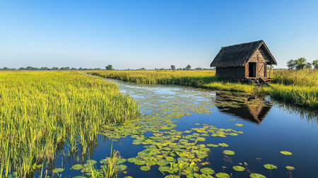 A serene image showcasing a rustic wooden house set against lush green rice fields along a calm waterway. The clear blue sky enhances the tranquil atmosphere.の素材