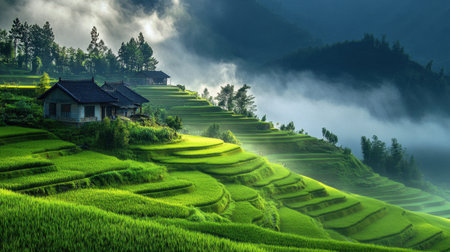 A breathtaking view of rice terraces showcasing vibrant green hues under dramatic clouds. This serene landscape embodies natural beauty and tranquility.の素材