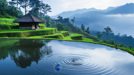 This breathtaking landscape captures the essence of tranquility, showcasing lush rice terraces, a serene pond with ripples, and majestic mountains under morning light.の素材