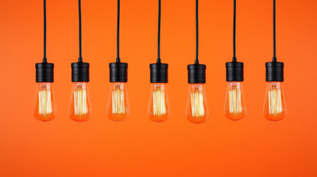 This captivating image features a series of vintage light bulbs hanging against a vibrant orange background, creating a warm and inviting atmosphere perfect for interior design inspiration.の素材