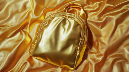 This image features a shiny golden backpack resting on smooth satin fabric, showcasing its elegant design and vibrant color, perfect for fashion enthusiasts.の素材